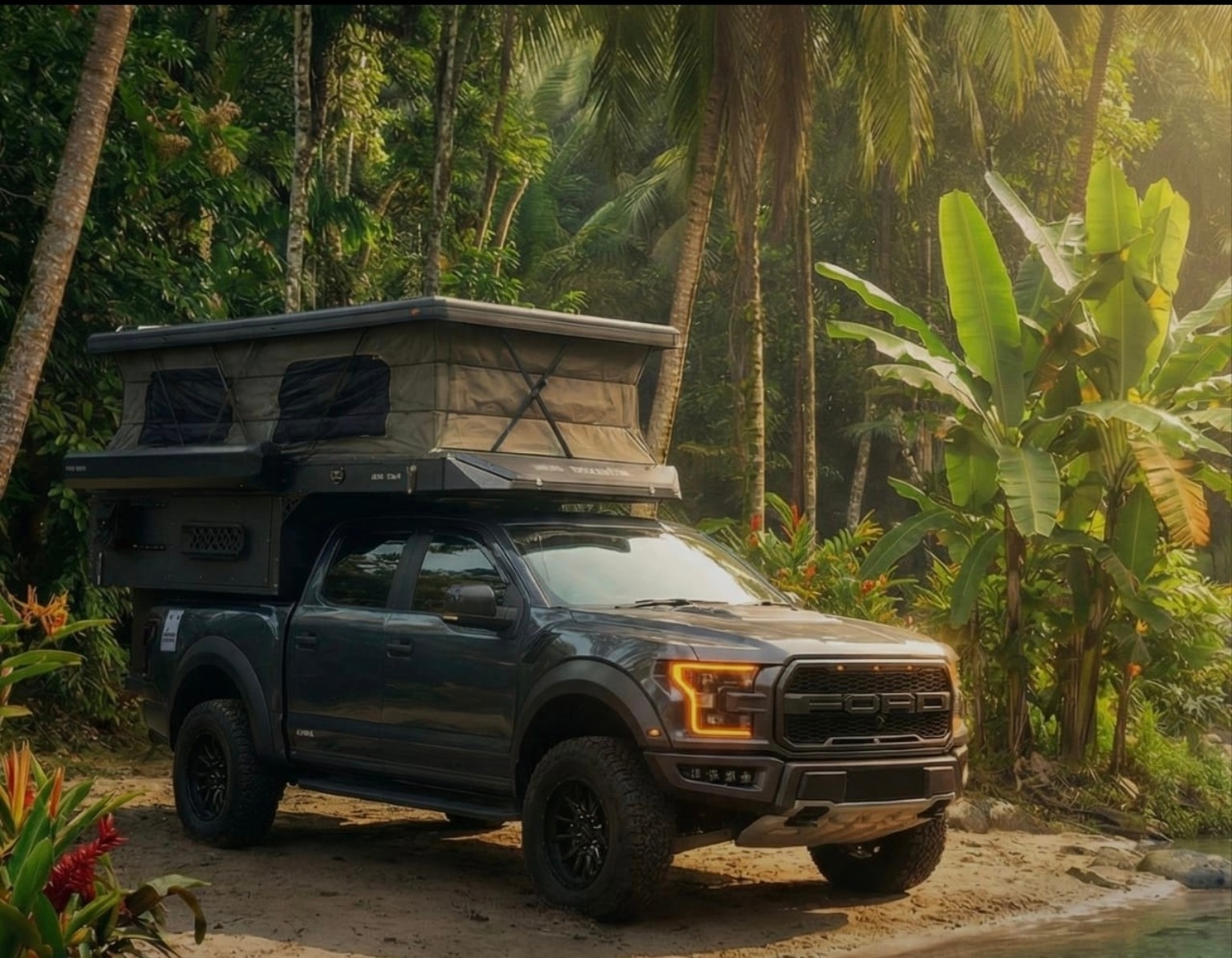 Truck camper beside a tropical lakeside forest